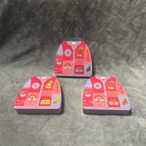 3 small purple pink graphic BENEFIT COSMETICS COLLECTIBLE HOLIDAY tins w/ lid